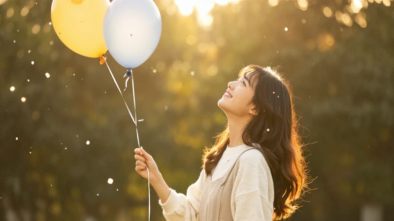 Mujer feliz con globo y confeti