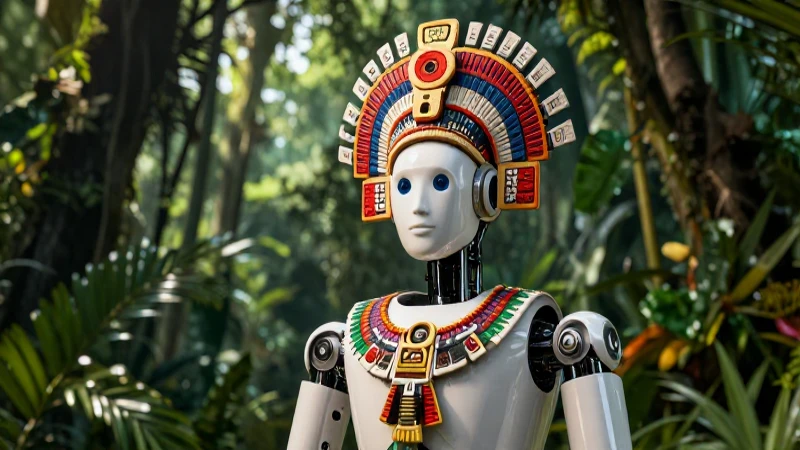Robot mayense, vibrante y fotorealista en la selva
