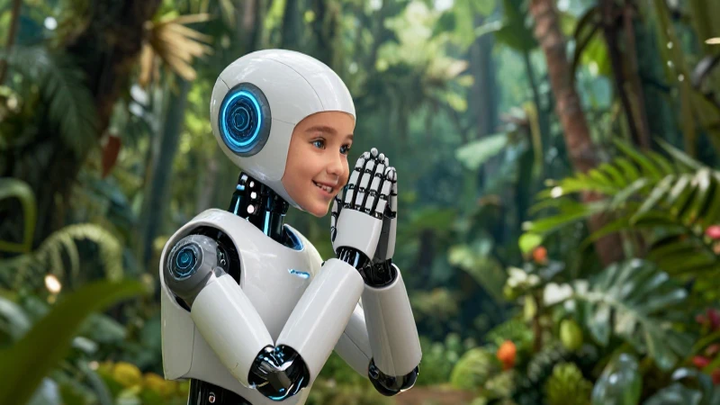 Niña maya sonríe a robot en la selva