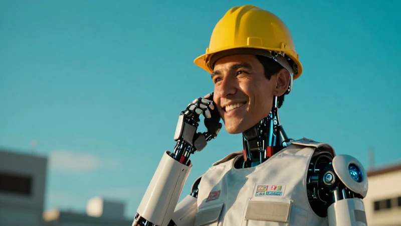 Ingeniero sonríe con robot maya al atardecer