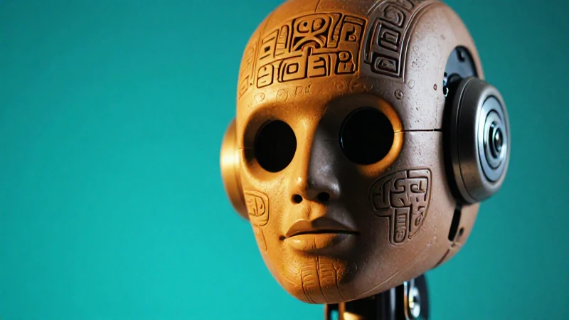 Robot decorado con jeroglíficos mayas, destacando colores cálidos
