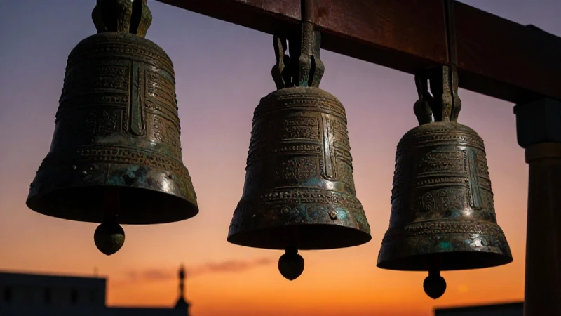 Campanas persas antiguas, luz cinematográfica y detalles ricos